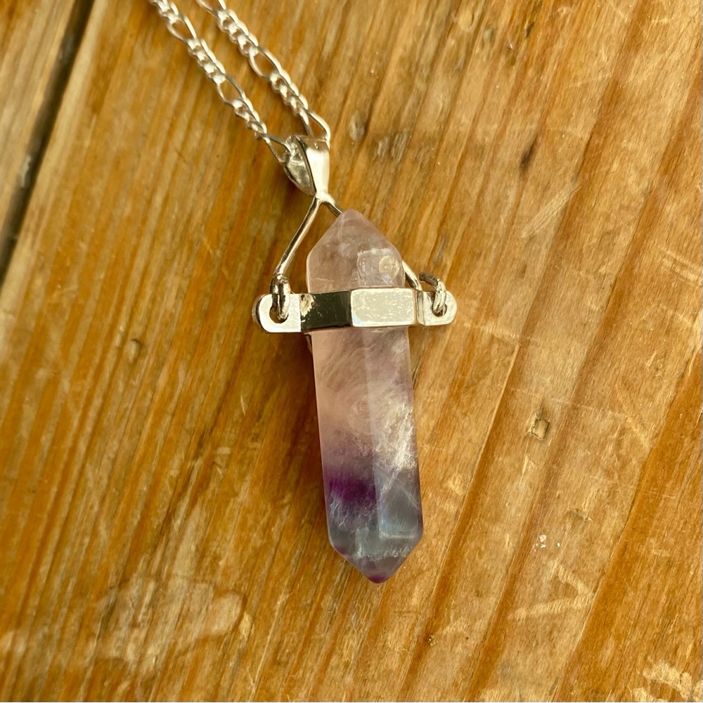 Rainbow Flourite Sterling Silver Necklace Purple Pink 20” - Picture 6 of 14